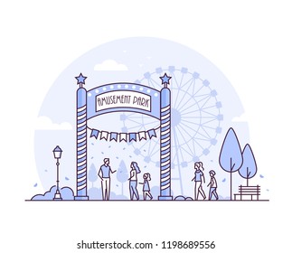 Amusement park - thin line design style vector illustration on white background. High quality purple colored composition with a funfair entrance, people walking, big wheel silhouette. Leisure concept