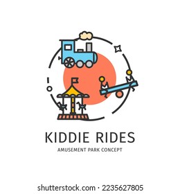 Amusement Park Thin Line Icon Kiddie Rides Concept Include of Swing, Train and Carousel. Vector illustration