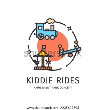 Amusement Park Thin Line Icon Kiddie Rides Concept Include of Swing, Train and Carousel. Vector illustration