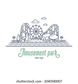 Amusement park thin line vector illustration. Ferris wheel and roller coaster in the park. Outline style vector illustration on white background.