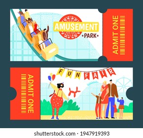 Amusement park ticket design, vector illustration. Circus entertainment background, carnival tent at fun invitation banner.