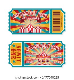 Amusement Park Ticket. Family Park Attractions Admission Tickets, Fun Festival Vintage Event Receipt. Fair Raffle Coupons. Vector Summer Poster For Child Invitation Carousel Or Theater Set