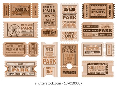 Amusement park ticket vector templates. Circus carnival show retro admission coupons, admit one and access cards with ferris wheels, circus performance and entertainment event invitation design