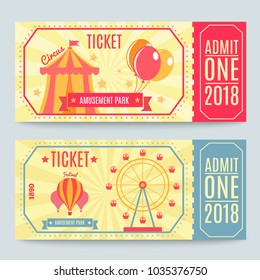 Amusement park tickets collection of two printed coupons with flat fairground attraction images and editable text vector illustration