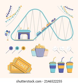 Amusement park  with tickets, popcorn, drinks, lollipops.vector illustration.