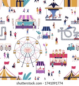 Amusement park with tiny people seamless pattern vector flat illustration. Cartoon man, woman, children and couple at outdoor attraction area on white background. Family entertainment leisure