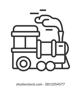 Amusement park train icon in line design. amusement park train, park locomotive, steam train on white background vector. Editable stroke icon.