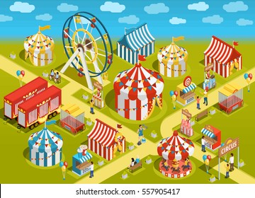 Amusement park travel circus attractions colorful isometric poster with classic striped tents and ferris observation wheel vector illustration 