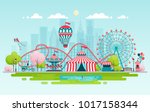 Amusement park, urban landscape with carousels, roller coaster and air balloon. Circus, Fun fair and Carnival theme vector illustration.