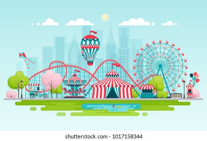 Amusement park, urban landscape with carousels, roller coaster and air balloon. Circus, Fun fair and Carnival theme vector illustration. - Shutterstock ID 1017158344