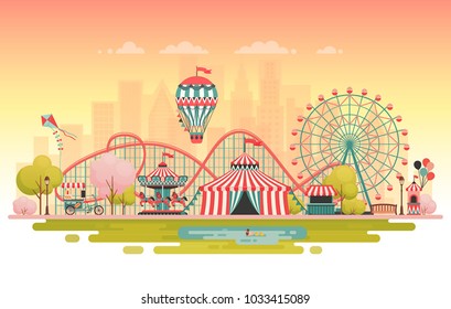 Amusement park, urban landscape with carousels, roller coaster and air balloon. Circus, Fun fair and Carnival theme vector illustration.