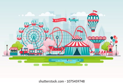 Amusement park, urban landscape with carousels, roller coaster and air balloon. Circus, Fun fair and Carnival theme vector illustration.