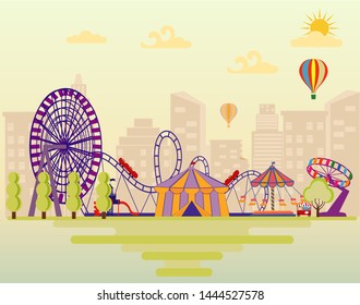 Amusement park, urban landscape with carousels, roller coaster and air balloon. Circus, Fun fair and Carnival theme vector illustration.