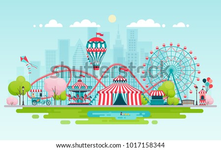 Amusement park, urban landscape with carousels, roller coaster and air balloon. Circus, Fun fair and Carnival theme vector illustration. Сток-фото © 