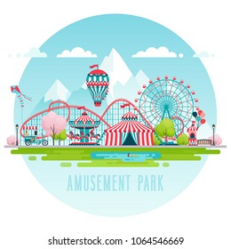 Amusement park, urban landscape. Vector illustration.