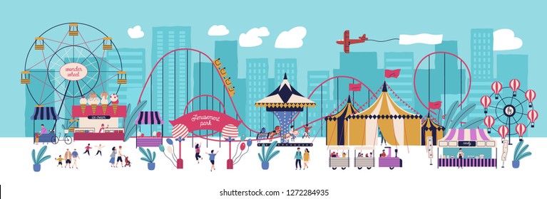 Amusement park with various attractions, circus, ferris wheel, carousel, roller coaster, kiosks with candies and ice cream. City area for recreation and entertainment. Flat vector illustration.