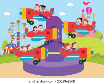 Amusement park vector concept. Cheerful children cartoon character riding carousels plane in an amusement park