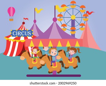 Amusement park vector concept. Cheerful children playing on carousels at the amusement park