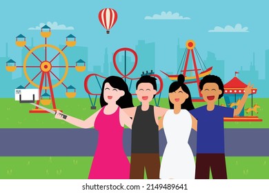Amusement park vector concept. Group of young people taking selfie photo in the amusement park while enjoying leisure together