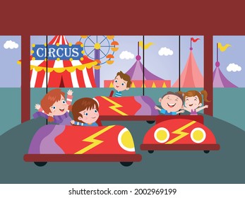 Vergnügungspark, Vektorkonzept. Herzlichen Glückwunsch, Kindercartoon-Charakter, der in einem Vergnügungspark Stoßwagenwagen spielt
