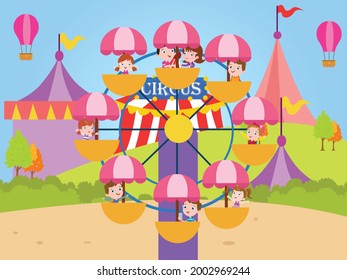 Concepto vectorial de parque de atracciones. Niños felices montando el volante en el parque de diversiones