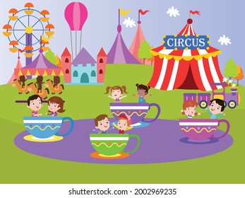Amusement park vector concept. Joyful children riding tea cups in an amusement park