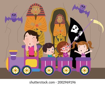 Amusement park vector concept. Scared children riding train in ghost house at the fairground