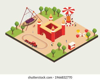 Amusement park vector concept. Visitors enjoying leisure time together at weekend while visiting in the amusement park