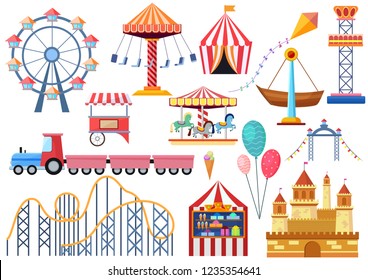 Amusement park vector entertainment icons elements isolated. Colorful cartoon flat ferris wheel, carousel, circus and castle isolated.