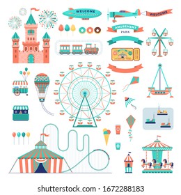 Amusement park vector flat elements set. Family attractions isolated on white background.