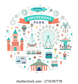 Amusement park vector flat elements set. Family attractions isolated on white background.