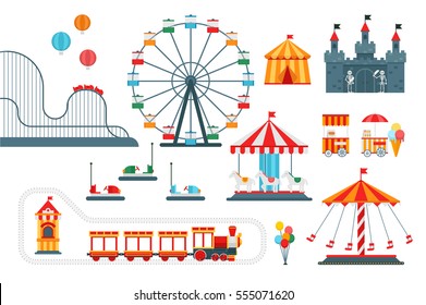 Amusement park vector flat elements isolated on white background for infographic map design. Architecture entertainment elements for family rest in the park. Colorful Ferris wheel, carousel, circus