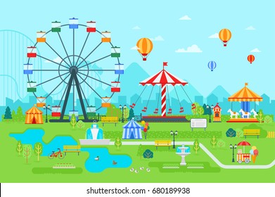 Amusement park vector flat illustration at daytime with ferris wheel, circus, carousel, attractions, landscape and city background.
