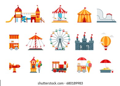 Amusement park vector flat illustration at daytime with ferris wheel, circus, carousel, attractions, landscape and city background.