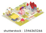 Amusement park vector flat isometric composition with carousel medieval castle ferris wheel circus tent shooting range bumper cars train ride areas, cotton candy and hot dog carts, ticket office.