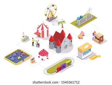 Amusement park vector flat isometric flowchart with carousel castle ferris wheel circus tent shooting range bumper cars train ride roller coaster areas, cotton candy and hot dog carts, ticket office.