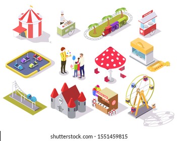 Amusement park vector flat isometric icon set with roller coaster carousel castle ferris wheel circus tent shooting range bumper cars train ride areas, cotton candy and hot dog carts, ticket office.