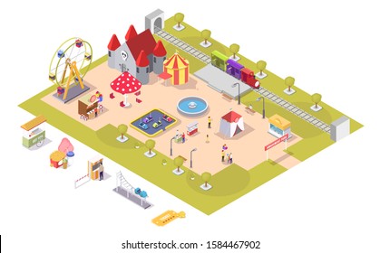 Amusement park vector flat isometric composition with carousel haunted house ferris wheel circus tent shooting range bumper cars train ride areas, cotton candy and hot dog carts, ticket office.