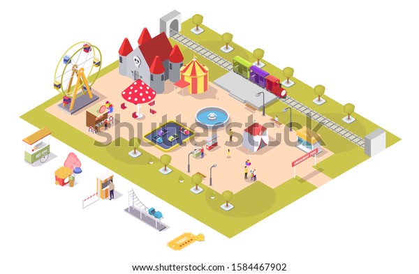 Amusement park vector flat isometric composition\
with carousel haunted house ferris wheel circus tent shooting range\
bumper cars train ride areas, cotton candy and hot dog carts,\
ticket office.