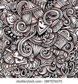 Vergnügungspark Vektor handgezeichnet Doodles nahtloses Muster. Funpark-Grafik-Hintergrund-Design. Funfair Cartoon Trace Illustration.