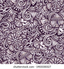 Amusement Park vector hand drawn doodles seamless pattern. Funpark graphics background design. Funfair cartoon trace illustration.