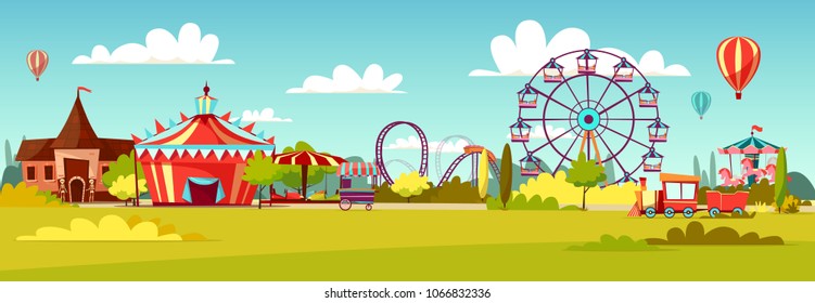 Amusement park vector illustration of cartoon attraction rides and circus tent. Flat background design of merry-go-round horseabout carousel, observation wheel or roller coaster amusement rides