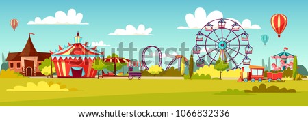 Amusement park vector illustration of cartoon attraction rides and circus tent. Flat background design of merry-go-round horseabout carousel, observation wheel or roller coaster amusement rides