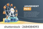 Amusement Park Vector Illustration with Ferris Wheel. Theme Park Banner Design with Funfair Rides. Modern Funfair Scene for Poster and Website