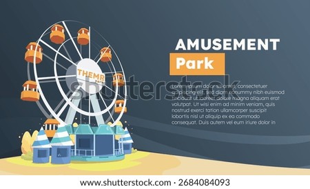 Amusement Park Vector Illustration with Ferris Wheel. Theme Park Banner Design with Funfair Rides. Modern Funfair Scene for Poster and Website