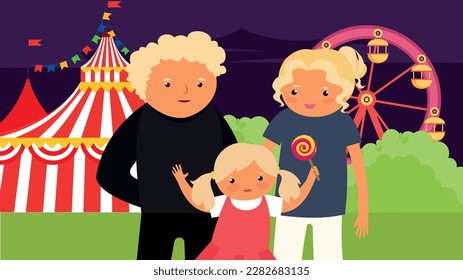 Amusement park vector illustration in flat design style. Family with kids on background of amusement park