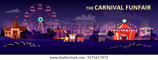 夜や夕方のカーニバルにアニメの乗り物を使った遊園地のベクターイラスト 平らなメリーゴーラウンドカルーセル サーカステント 観覧車 ジェットコースターの乗り物 のベクター画像素材 ロイヤリティフリー