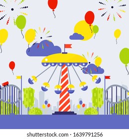 Amusement park vector illustration. Summer attractions carousel and roller coaster in city park. Funfair invitation, advertisement campaign. Fairground entrance, fun activity for family with children