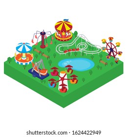 Amusement park vector isometric illustration. Different outdoors amusement attractions carousels, swings, ferris wheel, roller coasters. Park for children and family pastime, fun and entertainment.