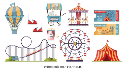 Amusement park vector set with flat elements isolated on white background. Fun fair and Carnival theme vector illustration.